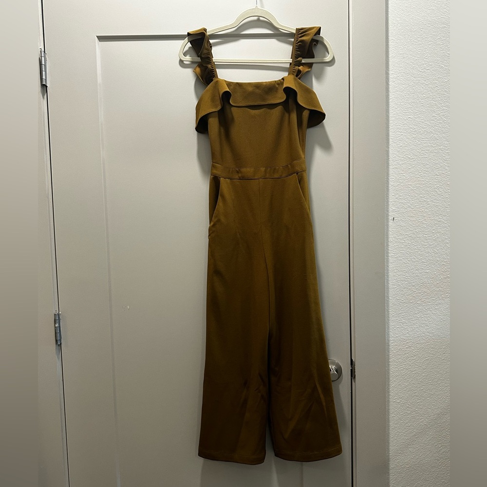 Kittenish Golden Brown Ruffle Jumpsuit
